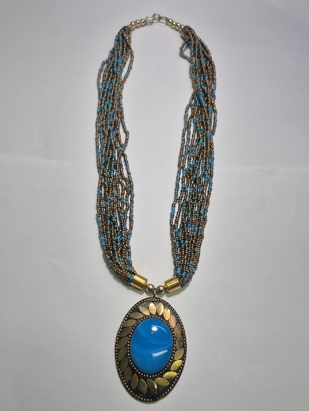 Boho Light Blue Acrylic And Metal Pendant Multi-Strand Glass Beaded 21" Necklace